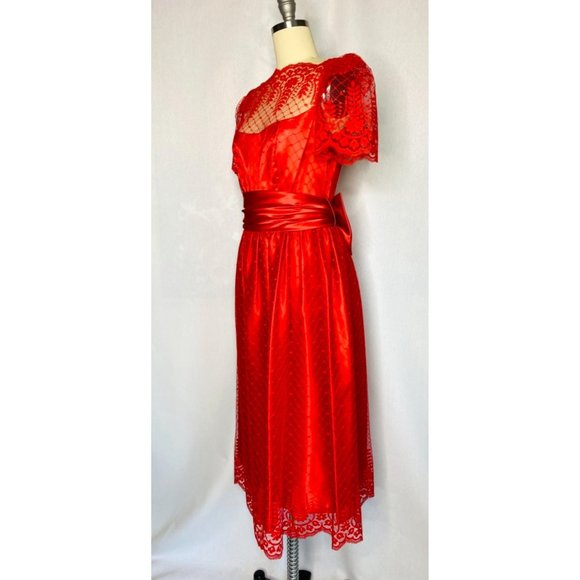 Vintage 60s 70s Holiday Red Cocktail Party Tea Dress Size Small Lace Formal VLV - Picture 7 of 8